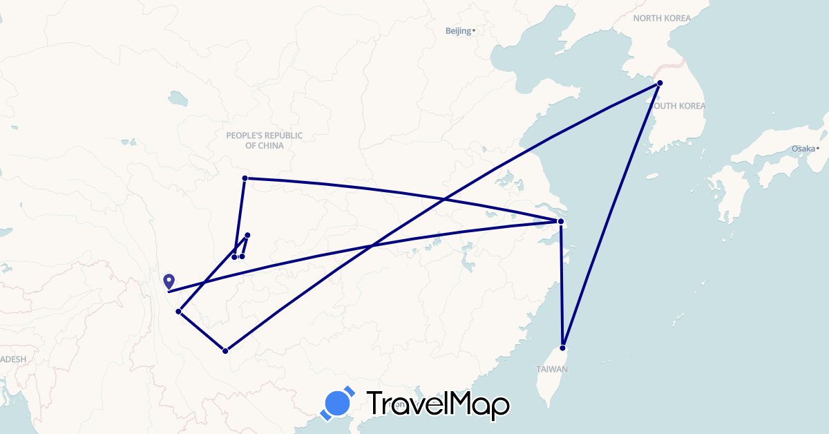 TravelMap itinerary: driving in China, South Korea, Taiwan (Asia)